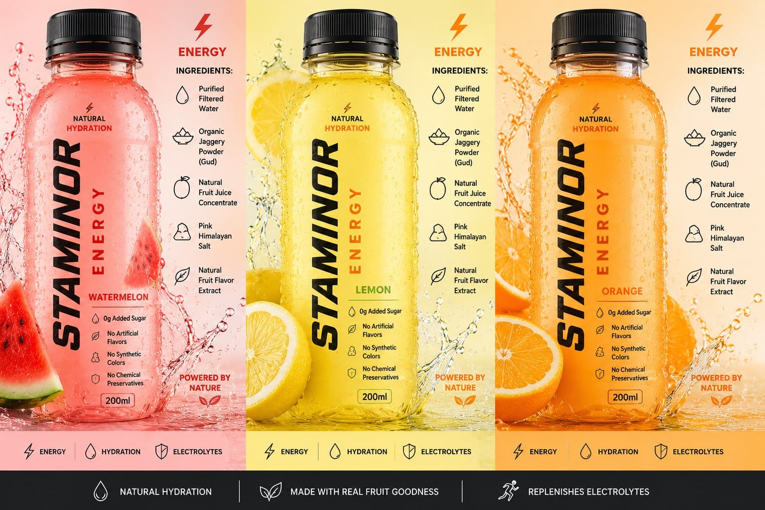 Staminor Watermelon, Lemon, and Orange bottles with full labels, ingredients, and clean claims